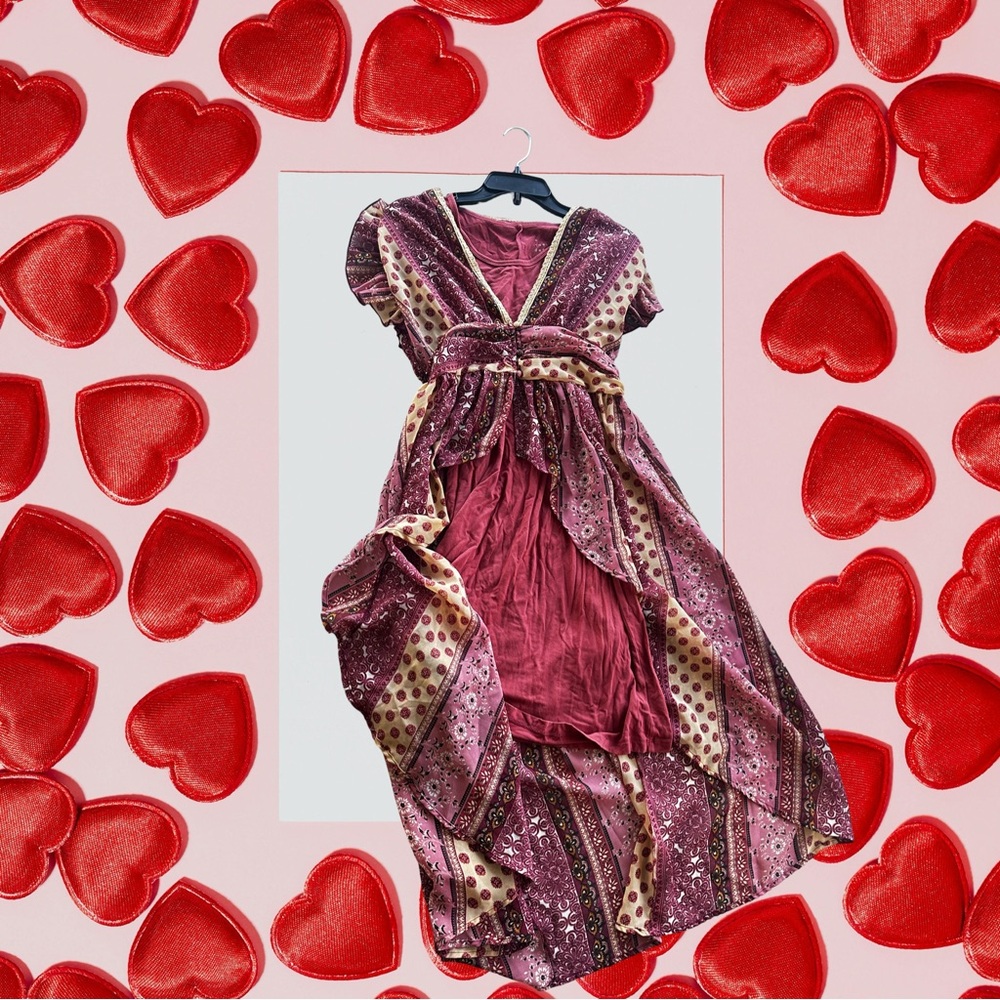 Bohemian Maxi Dress in Burgundy and Cream